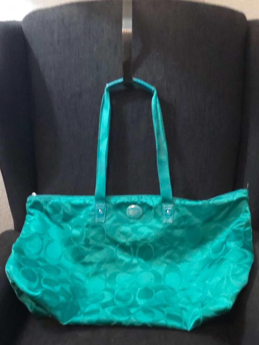 Coach "Getaway" Teal Green Signature Nylon Packable Weekender Tote Bag